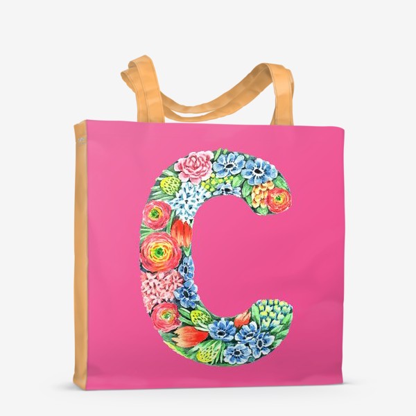 Сумка-шоппер «Цветочный алфавит. Буква С на розовом фоне»