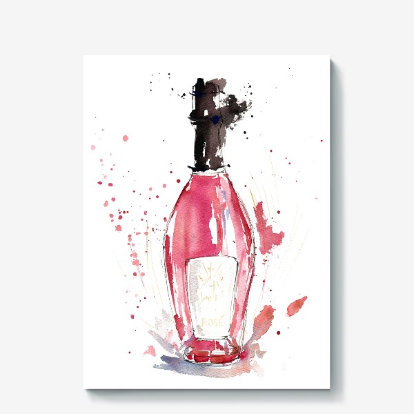 Холст «Бутылка розового игристого вина, с брызгами»