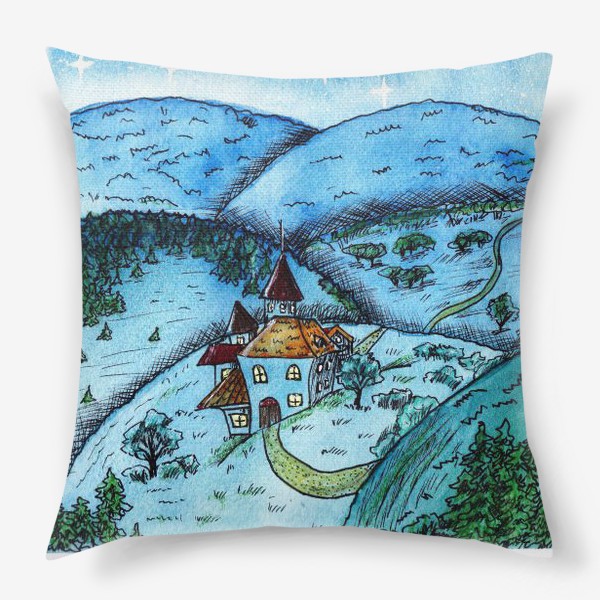 Подушка «Вечерние сказочные домики на холмах»
