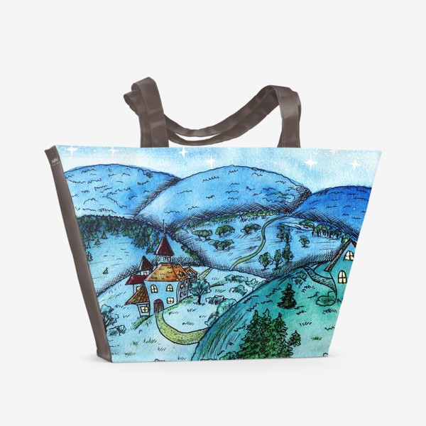 Пляжная сумка «Вечерние сказочные домики на холмах»