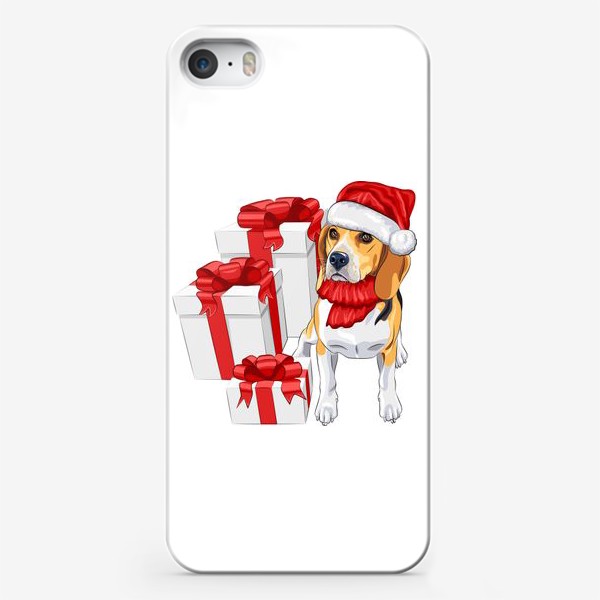 Чехол iPhone «бигль с новогодними подарками»