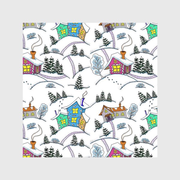 Скатерть «Зимний пейзаж с домиками, цветной. Паттерн»