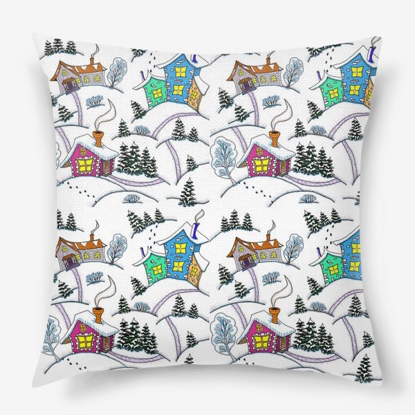 Подушка «Зимний пейзаж с домиками, цветной. Паттерн»