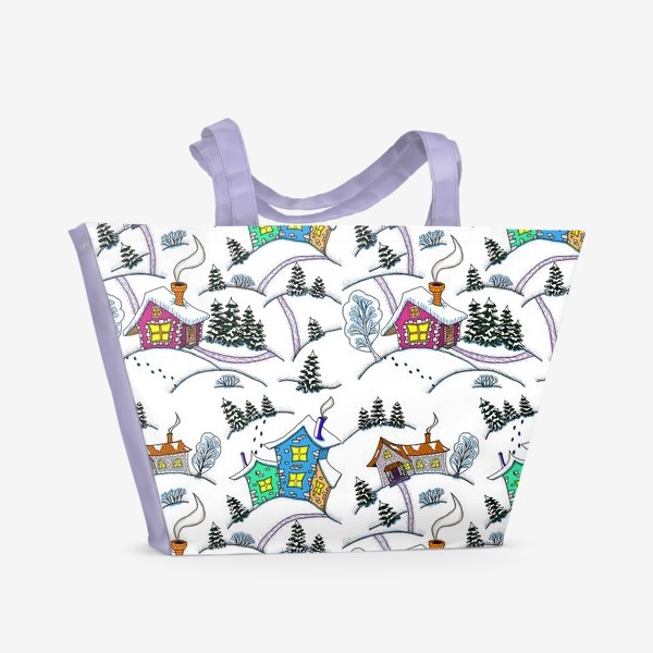 Пляжная сумка «Зимний пейзаж с домиками, цветной. Паттерн»