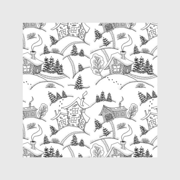 Скатерть «Зимний пейзаж с домиками, черно-белый. Паттерн»