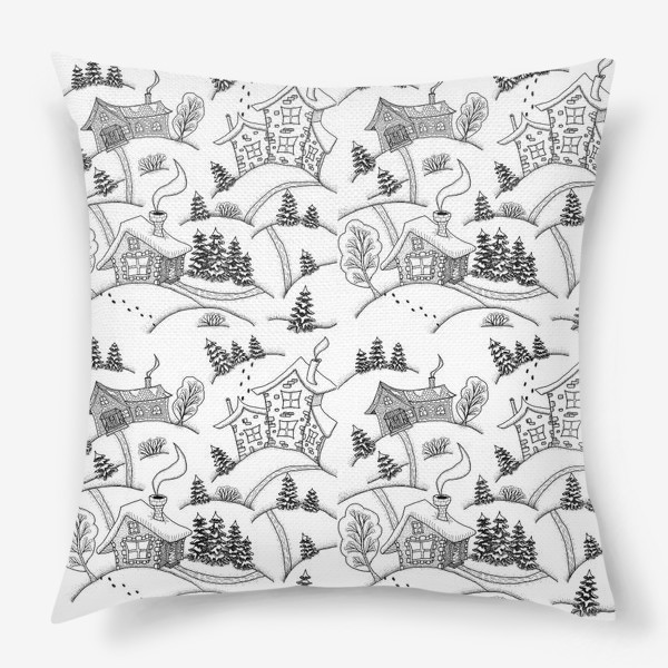 Подушка «Зимний пейзаж с домиками, черно-белый. Паттерн»