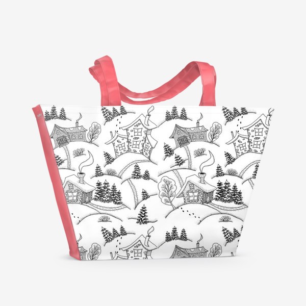 Пляжная сумка «Зимний пейзаж с домиками, черно-белый. Паттерн»