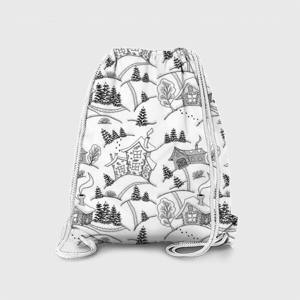 Рюкзак «Зимний пейзаж с домиками, черно-белый. Паттерн»
