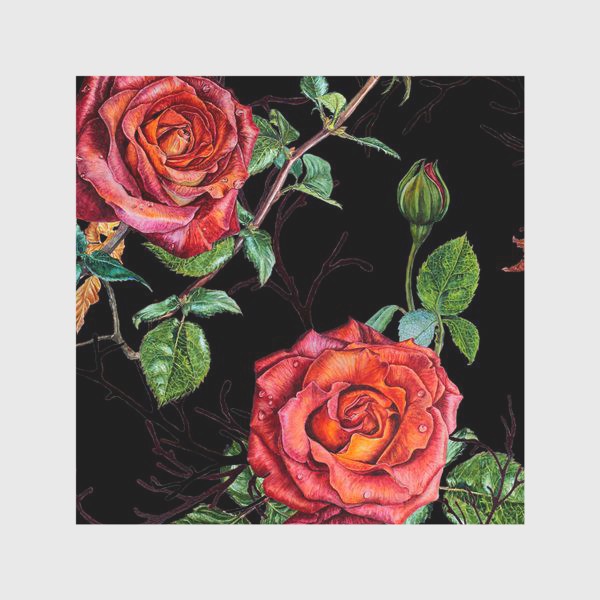 Скатерть «Узор из красных роз на черном фоне»