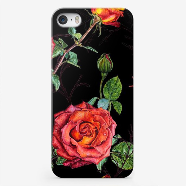 Чехол iPhone &laquo;Узор из красных роз на черном фоне&raquo;