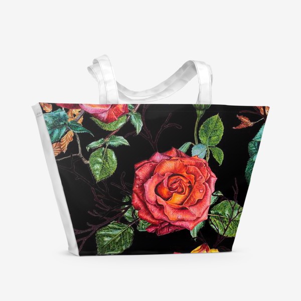 Пляжная сумка «Узор из красных роз на черном фоне»