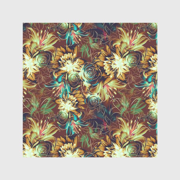 Скатерть «Абстрактный бесшовный паттерн с цветами. Летняя текстура с лилиями, розами, ромашками и хризантемами»