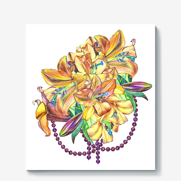 Холст «Illustrations of lily flowers. Perfect for greeting card or invitation. watercolor background»