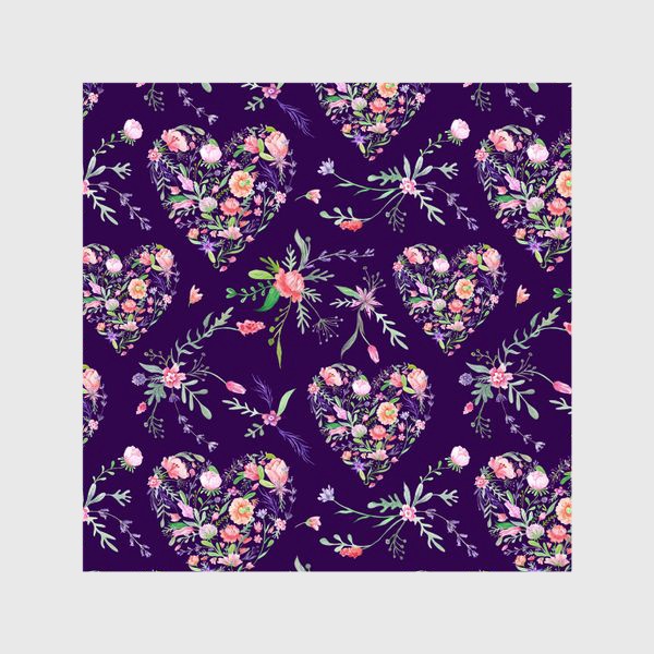 Шторы &laquo;Винтажный паттерн с цветочными сердцами на фиолетовом фоне&raquo;