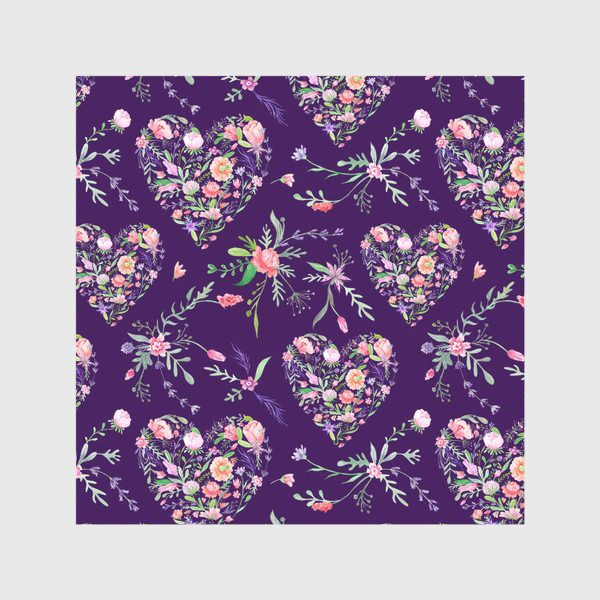 Скатерть &laquo;Винтажный паттерн с цветочными сердцами на фиолетовом фоне&raquo;