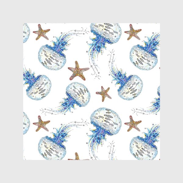 Скатерть «Морской акварельный паттерн с медузами и звездами»
