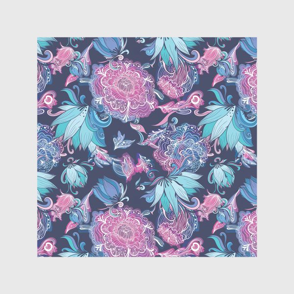 Скатерть «Волшебный сад с лилиями и пионами на синем фоне»