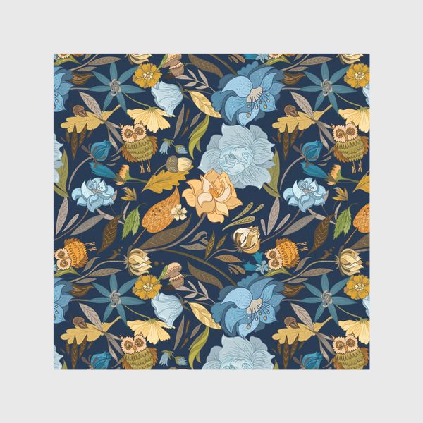 Шторы &laquo;Лесной осенний паттерн с совами и голубыми цветами на синем фоне&raquo;