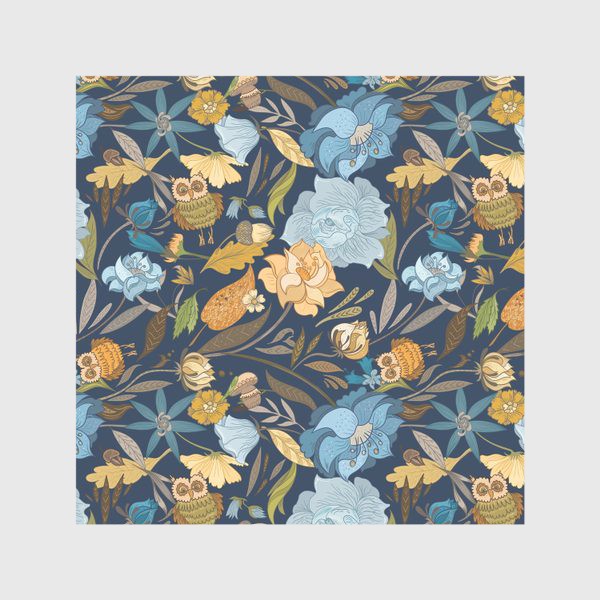 Скатерть &laquo;Лесной осенний паттерн с совами и голубыми цветами на синем фоне&raquo;