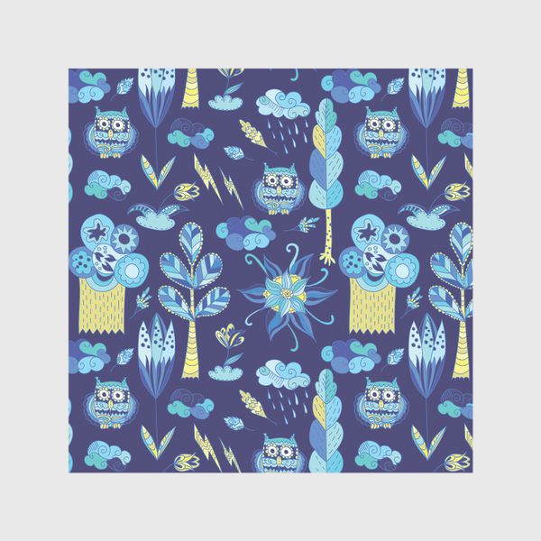 Скатерть «Синий весенний паттерн с лесом, облаками и совами»