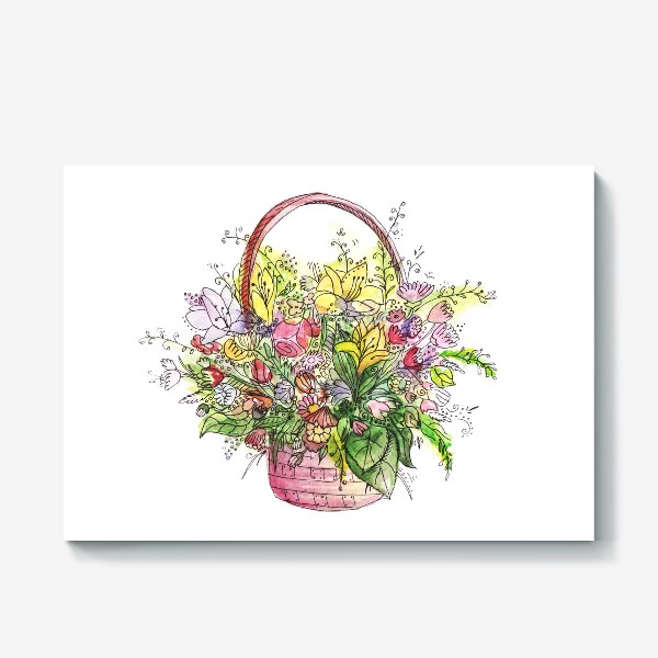 Холст &laquo;Корзина с цветами. Весенний подарок. Букет цветов&raquo;
