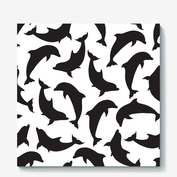 Холст «Черно-белый узор с силуэтами дельфинов»