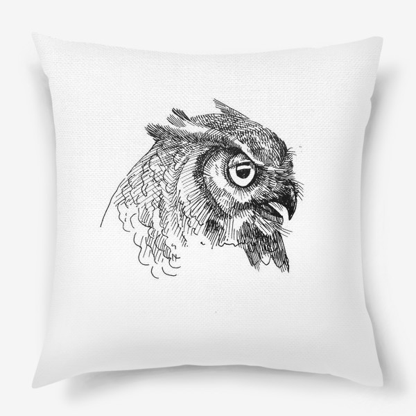 Подушка «Сова в профиль. Голова совы сбоку нарисованная карандашом»