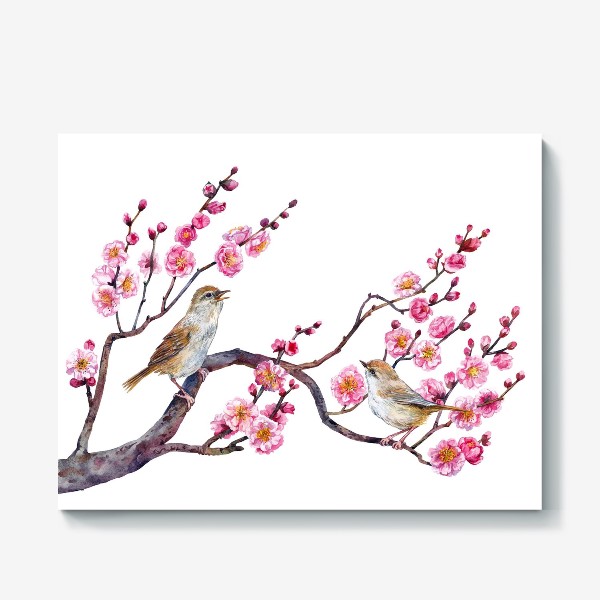 Холст &laquo;певчие птицы в ветвях цветущего абрикоса&raquo;