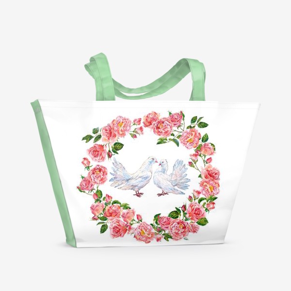 Пляжная сумка «Влюбленные голубки и розовый венок»