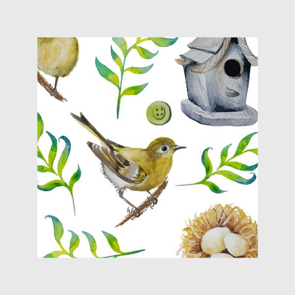 Шторы «Весенние птицы с гнездом и скворечником»