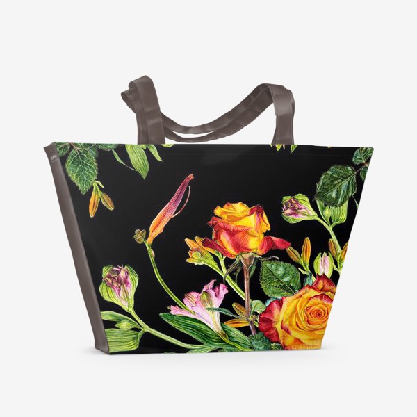 Пляжная сумка &laquo;Оранжевые розы на черном&raquo;