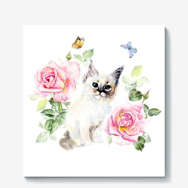 Холст «Котенок с розами и бабочками»