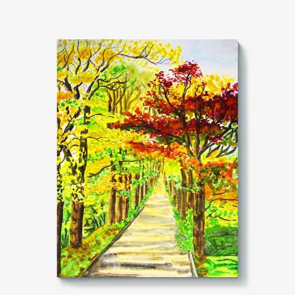 Холст «Осенняя аллея с жёлтыми и красными деревьями, акварель»
