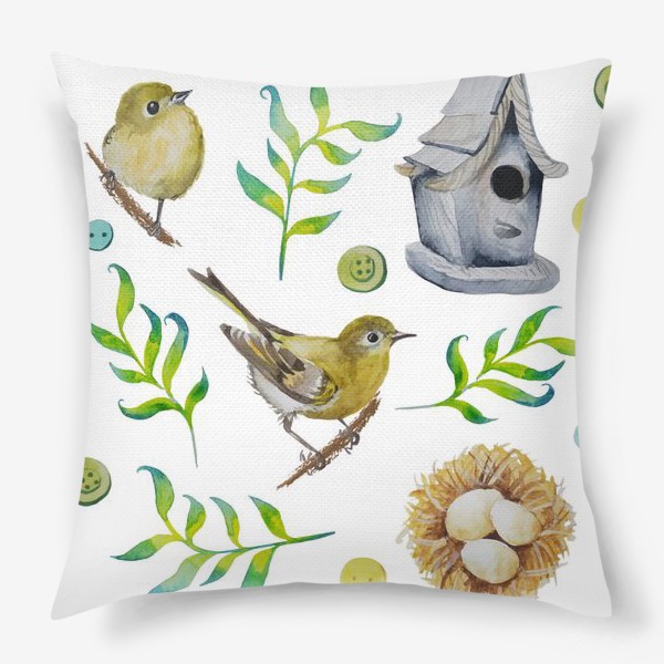 Подушка &laquo;Весенние птицы с гнездом и скворечником&raquo;