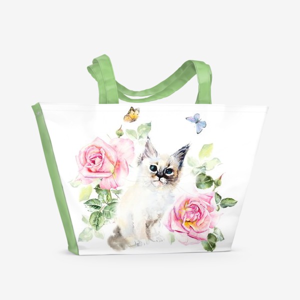 Пляжная сумка «Котенок с розами и бабочками»