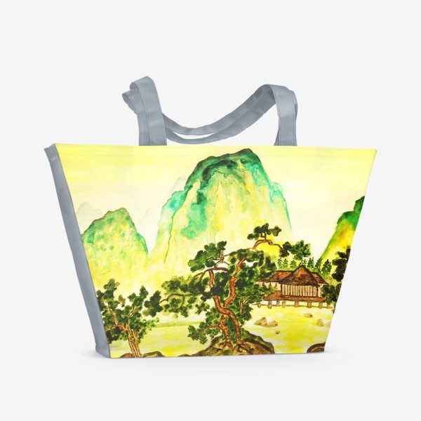 Пляжная сумка «Пейзаж в стиле китайской живописи с зелёными горами»