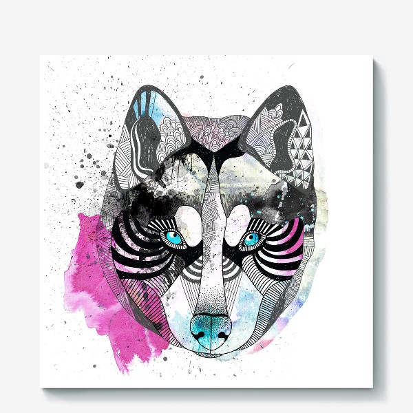 Холст «Графичный волк с акварельными текстурами»