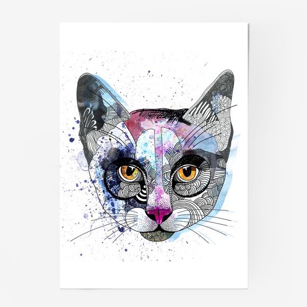 Постер «Графичная кошка с акварельными текстурами»