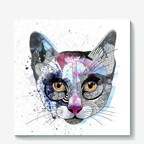 Холст «Графичная кошка с акварельными текстурами»