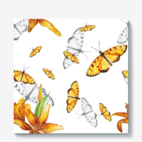 Холст «Оранжевые бабочки и лилии»