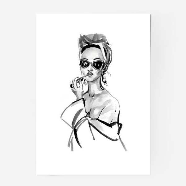Постер «Девушка в солнцезащитных очках красит губы»