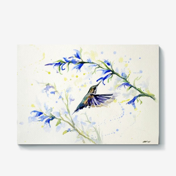 Холст «Колибри и голубые цветы»