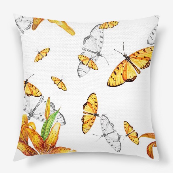 Подушка «Оранжевые бабочки и лилии»