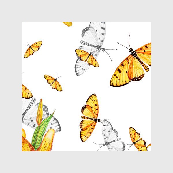 Шторы «Оранжевые бабочки и лилии»