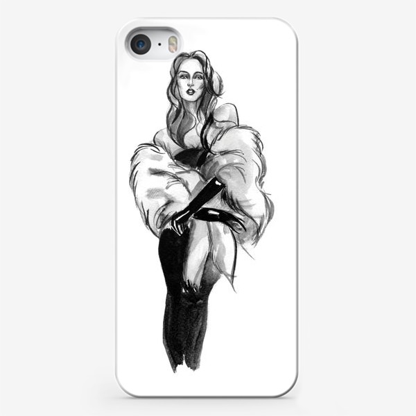 Чехол iPhone «Девушка в черном платье и меховом манто»