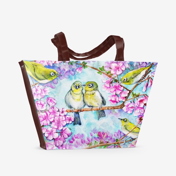 Пляжная сумка «желтые птицы на цветущей сакуре»