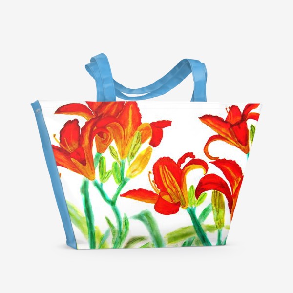 Пляжная сумка «Красные лилии на белом фоне»