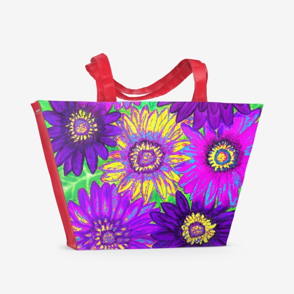 Пляжная сумка «Фон из гербер, фиолетовых, сиреневых и жёлтых»