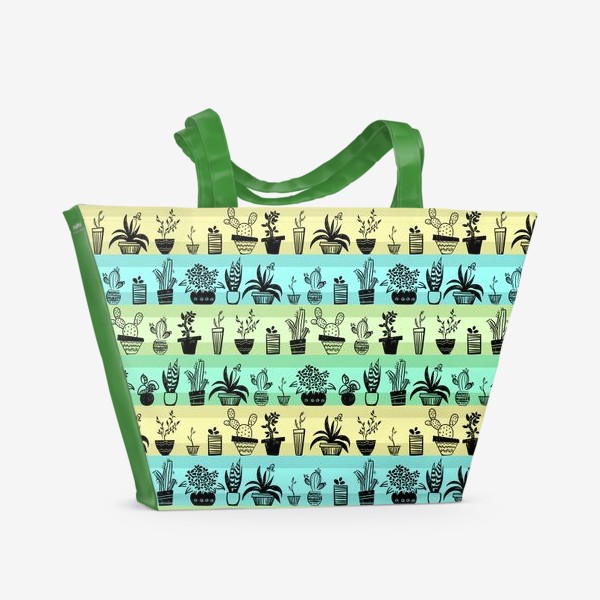 Пляжная сумка «Орнамент из комнатных растений на фоне из цветных полос.»