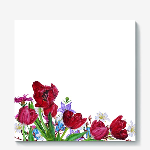 Холст «Букет.  Красные тюльпаны и полевые цветы»